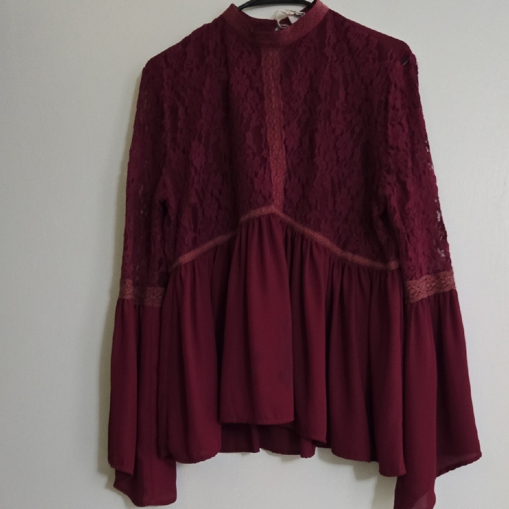 PPLA Red Sheer And Lace Blouse with Mandarin Collar